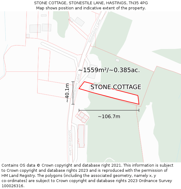 STONE COTTAGE, STONESTILE LANE, HASTINGS, TN35 4PG: Plot and title map