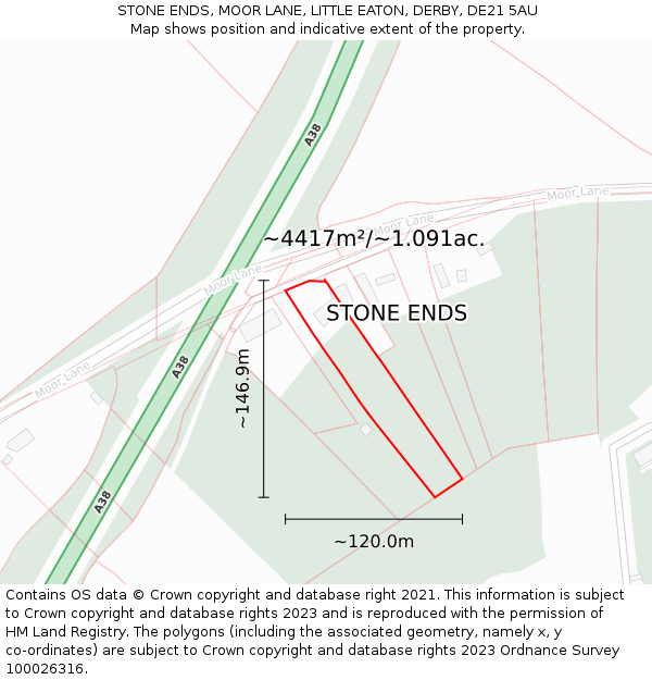 STONE ENDS, MOOR LANE, LITTLE EATON, DERBY, DE21 5AU: Plot and title map