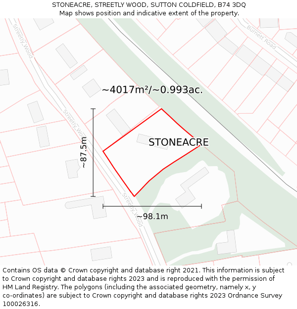 STONEACRE, STREETLY WOOD, SUTTON COLDFIELD, B74 3DQ: Plot and title map