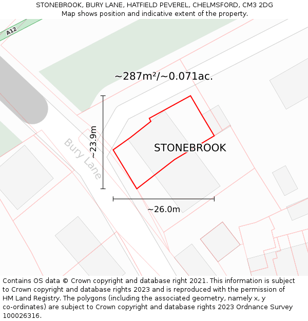 STONEBROOK, BURY LANE, HATFIELD PEVEREL, CHELMSFORD, CM3 2DG: Plot and title map