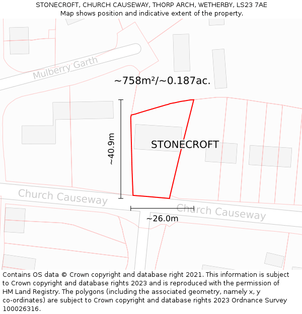 STONECROFT, CHURCH CAUSEWAY, THORP ARCH, WETHERBY, LS23 7AE: Plot and title map