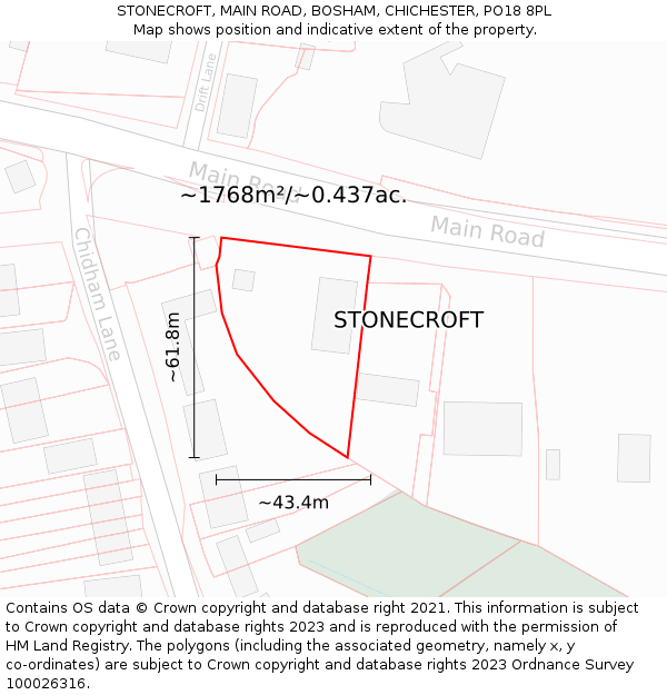 STONECROFT, MAIN ROAD, BOSHAM, CHICHESTER, PO18 8PL: Plot and title map