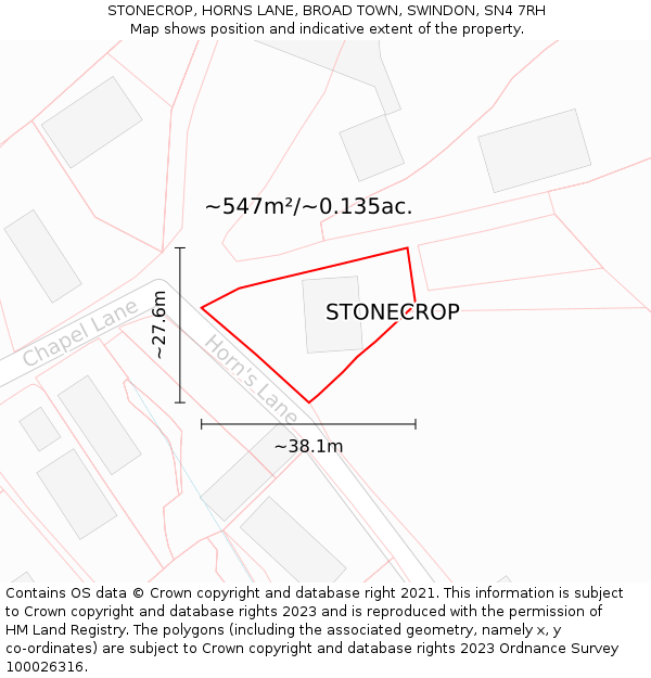 STONECROP, HORNS LANE, BROAD TOWN, SWINDON, SN4 7RH: Plot and title map