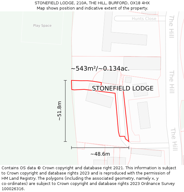 STONEFIELD LODGE, 210A, THE HILL, BURFORD, OX18 4HX: Plot and title map