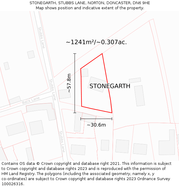 STONEGARTH, STUBBS LANE, NORTON, DONCASTER, DN6 9HE: Plot and title map