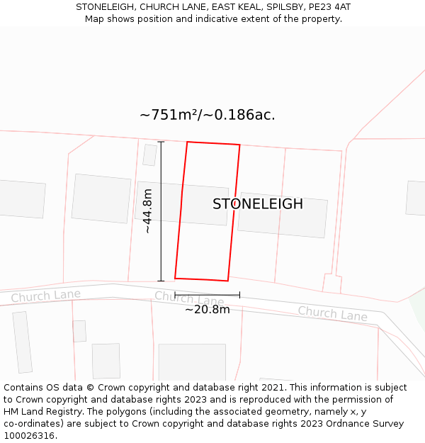 STONELEIGH, CHURCH LANE, EAST KEAL, SPILSBY, PE23 4AT: Plot and title map