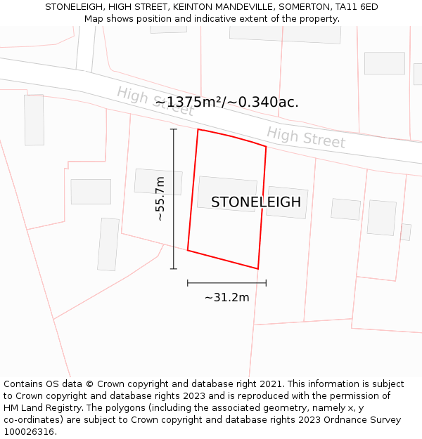 STONELEIGH, HIGH STREET, KEINTON MANDEVILLE, SOMERTON, TA11 6ED: Plot and title map
