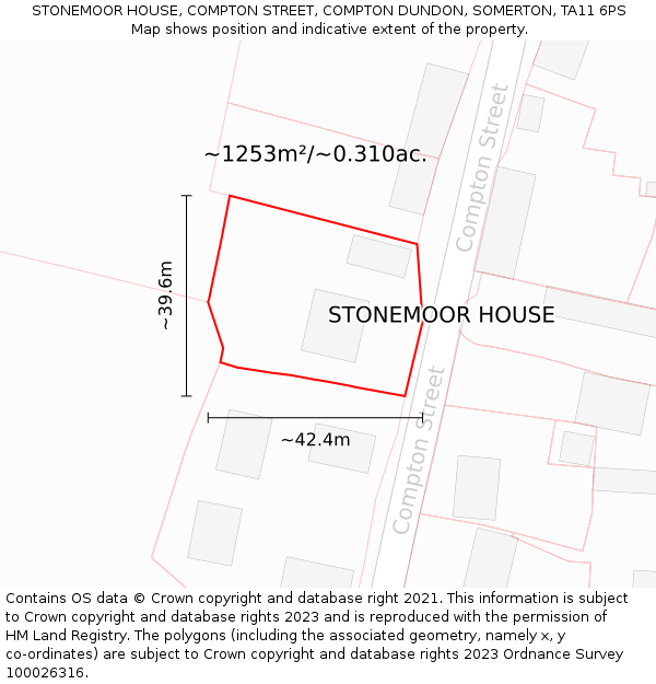 STONEMOOR HOUSE, COMPTON STREET, COMPTON DUNDON, SOMERTON, TA11 6PS: Plot and title map