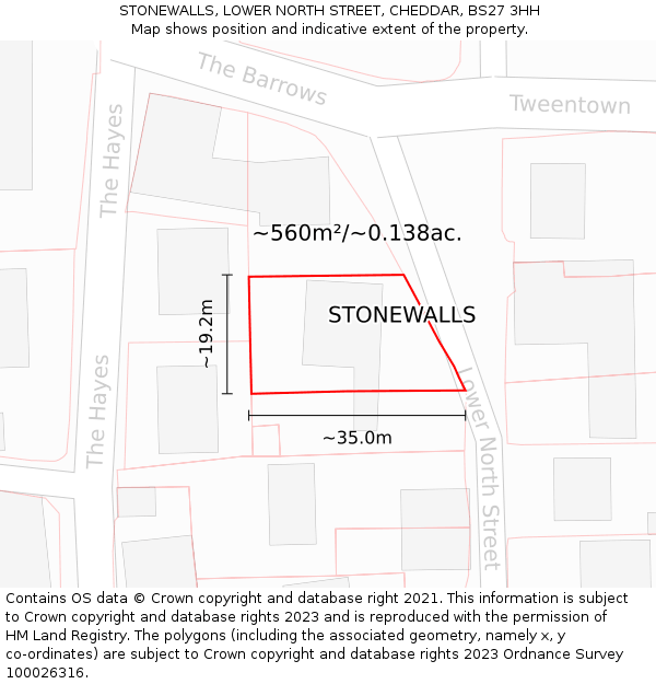 STONEWALLS, LOWER NORTH STREET, CHEDDAR, BS27 3HH: Plot and title map