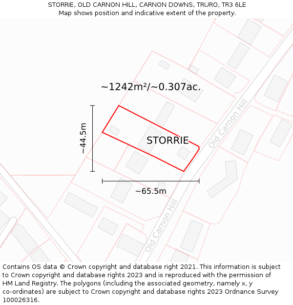 STORRIE, OLD CARNON HILL, CARNON DOWNS, TRURO, TR3 6LE: Plot and title map