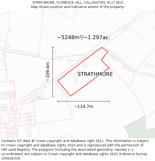 STRATHMORE, FLORENCE HILL, CALLINGTON, PL17 8DZ: Plot and title map