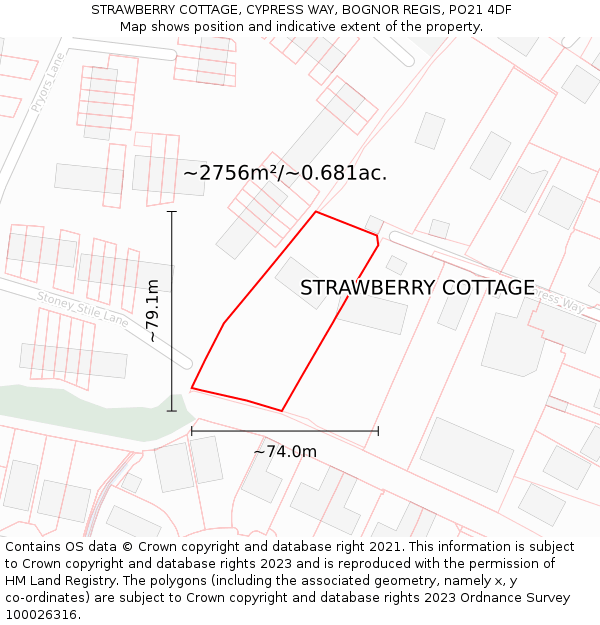 STRAWBERRY COTTAGE, CYPRESS WAY, BOGNOR REGIS, PO21 4DF: Plot and title map