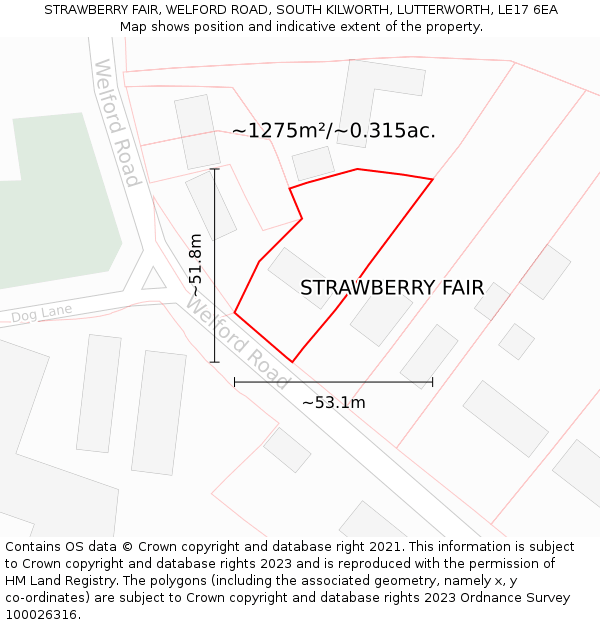 STRAWBERRY FAIR, WELFORD ROAD, SOUTH KILWORTH, LUTTERWORTH, LE17 6EA: Plot and title map