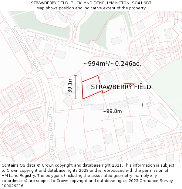 STRAWBERRY FIELD, BUCKLAND DENE, LYMINGTON, SO41 9DT: Plot and title map