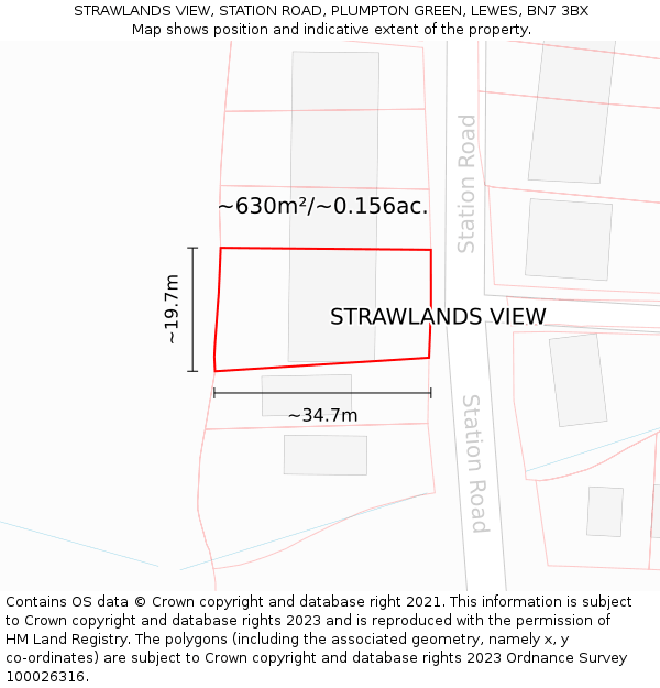 STRAWLANDS VIEW, STATION ROAD, PLUMPTON GREEN, LEWES, BN7 3BX: Plot and title map