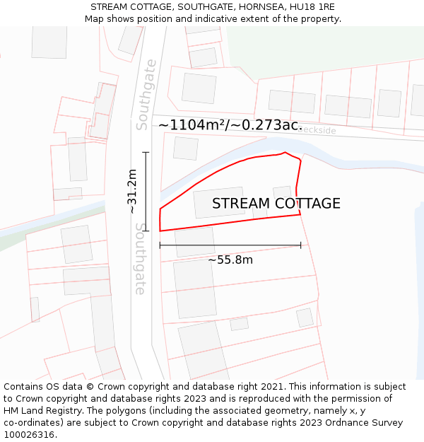 STREAM COTTAGE, SOUTHGATE, HORNSEA, HU18 1RE: Plot and title map