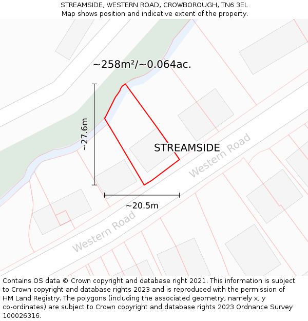 STREAMSIDE, WESTERN ROAD, CROWBOROUGH, TN6 3EL: Plot and title map