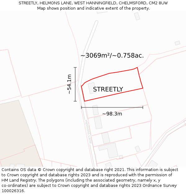 STREETLY, HELMONS LANE, WEST HANNINGFIELD, CHELMSFORD, CM2 8UW: Plot and title map