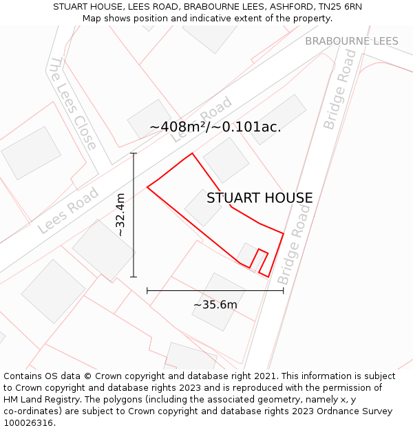 STUART HOUSE, LEES ROAD, BRABOURNE LEES, ASHFORD, TN25 6RN: Plot and title map