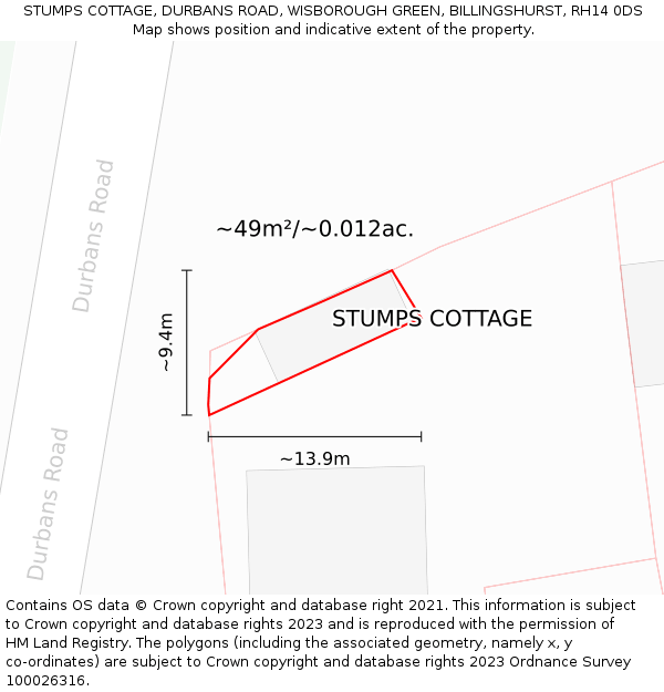 STUMPS COTTAGE, DURBANS ROAD, WISBOROUGH GREEN, BILLINGSHURST, RH14 0DS: Plot and title map