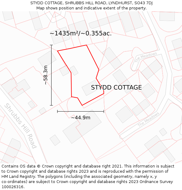 STYDD COTTAGE, SHRUBBS HILL ROAD, LYNDHURST, SO43 7DJ: Plot and title map