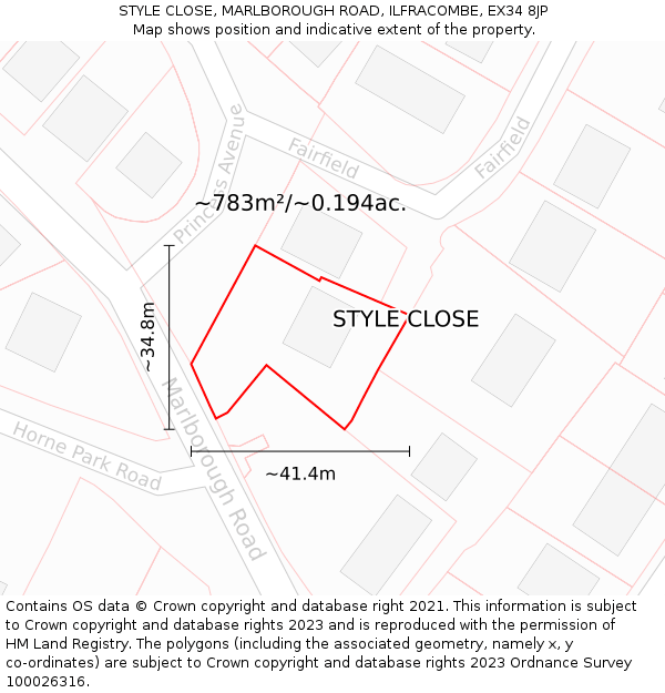 STYLE CLOSE, MARLBOROUGH ROAD, ILFRACOMBE, EX34 8JP: Plot and title map