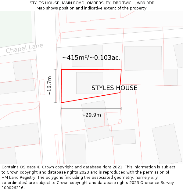 STYLES HOUSE, MAIN ROAD, OMBERSLEY, DROITWICH, WR9 0DP: Plot and title map