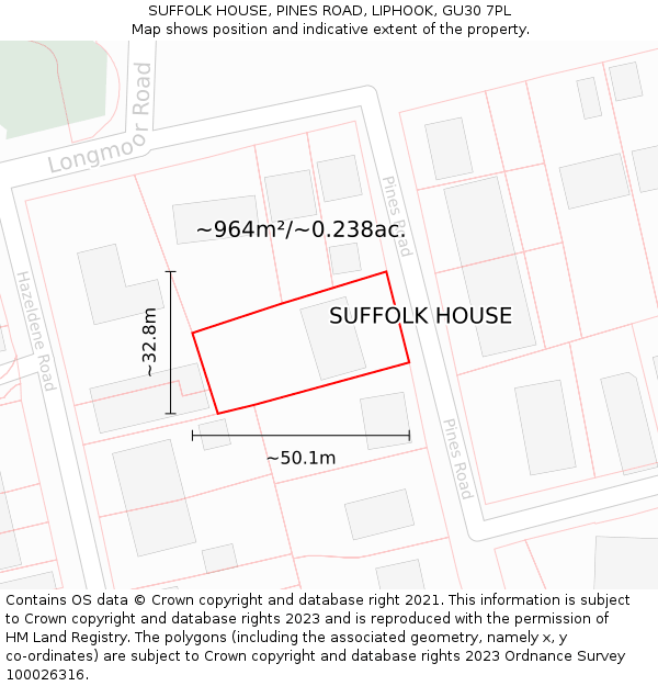SUFFOLK HOUSE, PINES ROAD, LIPHOOK, GU30 7PL: Plot and title map