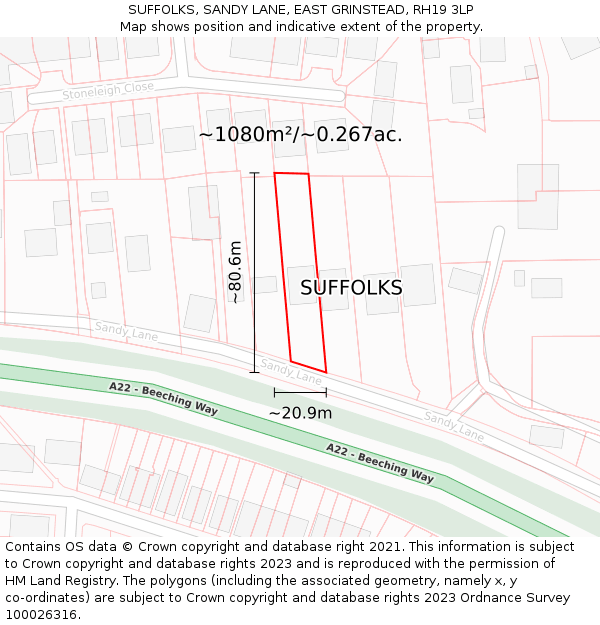 SUFFOLKS, SANDY LANE, EAST GRINSTEAD, RH19 3LP: Plot and title map