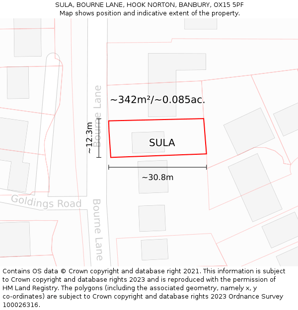 SULA, BOURNE LANE, HOOK NORTON, BANBURY, OX15 5PF: Plot and title map