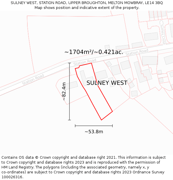 SULNEY WEST, STATION ROAD, UPPER BROUGHTON, MELTON MOWBRAY, LE14 3BQ: Plot and title map