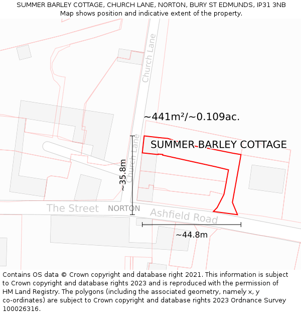 SUMMER BARLEY COTTAGE, CHURCH LANE, NORTON, BURY ST EDMUNDS, IP31 3NB: Plot and title map