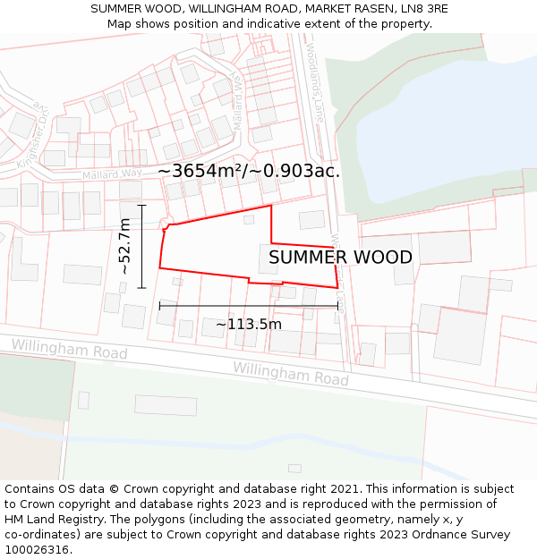 SUMMER WOOD, WILLINGHAM ROAD, MARKET RASEN, LN8 3RE: Plot and title map