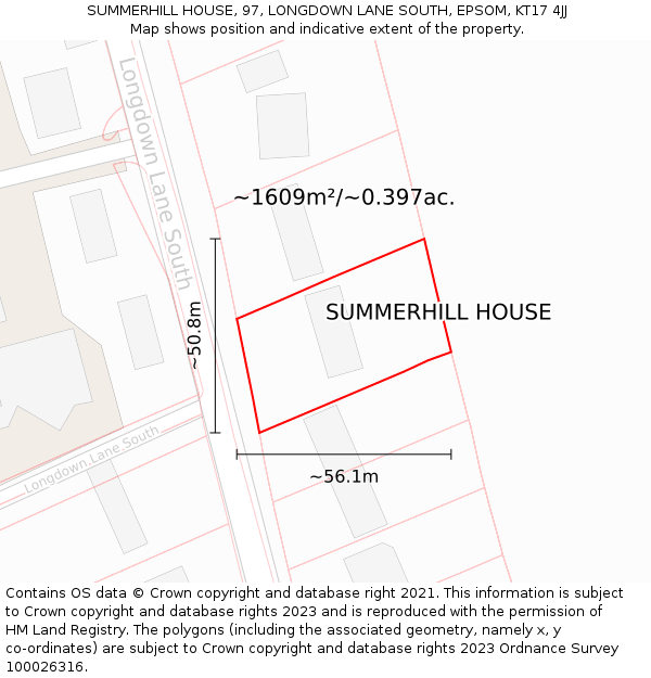 SUMMERHILL HOUSE, 97, LONGDOWN LANE SOUTH, EPSOM, KT17 4JJ: Plot and title map