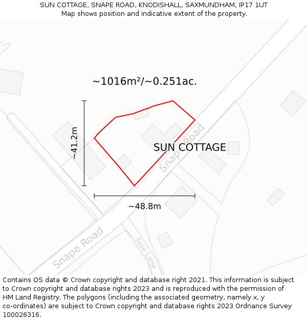 SUN COTTAGE, SNAPE ROAD, KNODISHALL, SAXMUNDHAM, IP17 1UT: Plot and title map