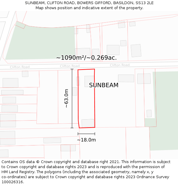SUNBEAM, CLIFTON ROAD, BOWERS GIFFORD, BASILDON, SS13 2LE: Plot and title map
