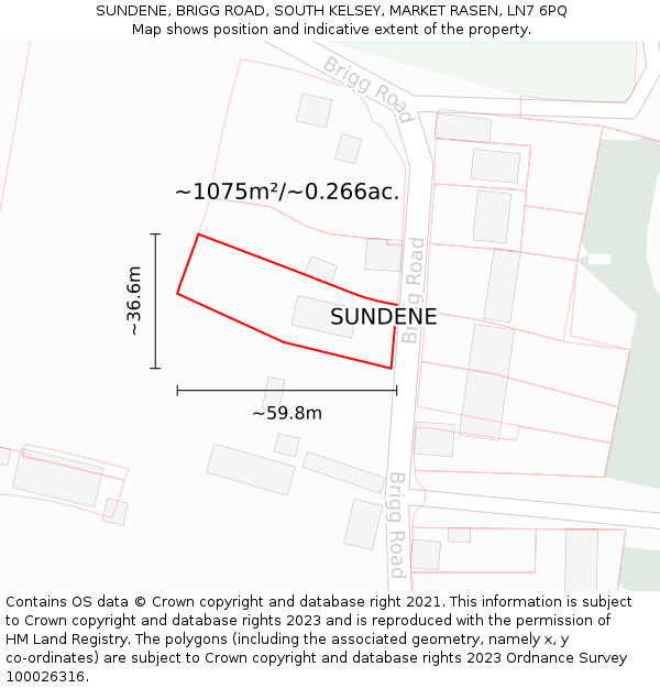 SUNDENE, BRIGG ROAD, SOUTH KELSEY, MARKET RASEN, LN7 6PQ: Plot and title map