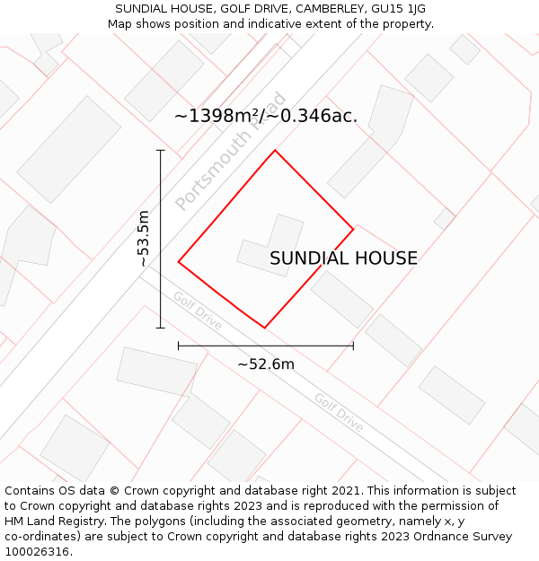 SUNDIAL HOUSE, GOLF DRIVE, CAMBERLEY, GU15 1JG: Plot and title map