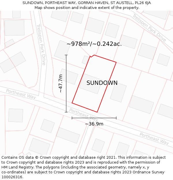 SUNDOWN, PORTHEAST WAY, GORRAN HAVEN, ST AUSTELL, PL26 6JA: Plot and title map