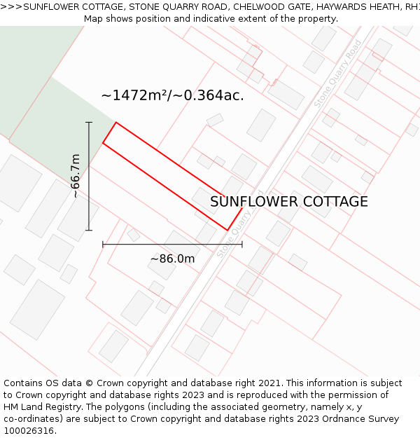 SUNFLOWER COTTAGE, STONE QUARRY ROAD, CHELWOOD GATE, HAYWARDS HEATH, RH17 7LP: Plot and title map