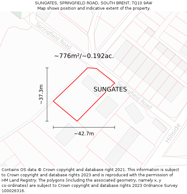 SUNGATES, SPRINGFIELD ROAD, SOUTH BRENT, TQ10 9AW: Plot and title map