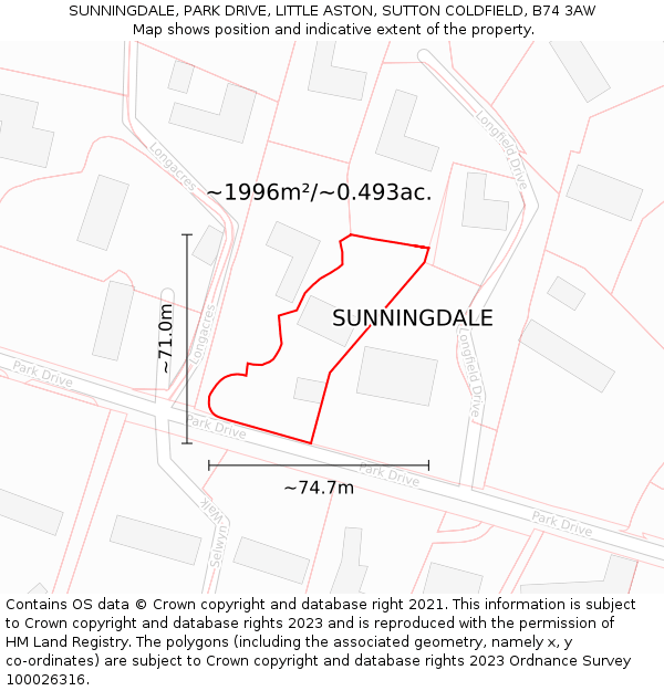 SUNNINGDALE, PARK DRIVE, LITTLE ASTON, SUTTON COLDFIELD, B74 3AW: Plot and title map