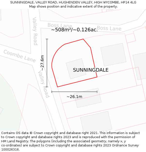 SUNNINGDALE, VALLEY ROAD, HUGHENDEN VALLEY, HIGH WYCOMBE, HP14 4LG: Plot and title map