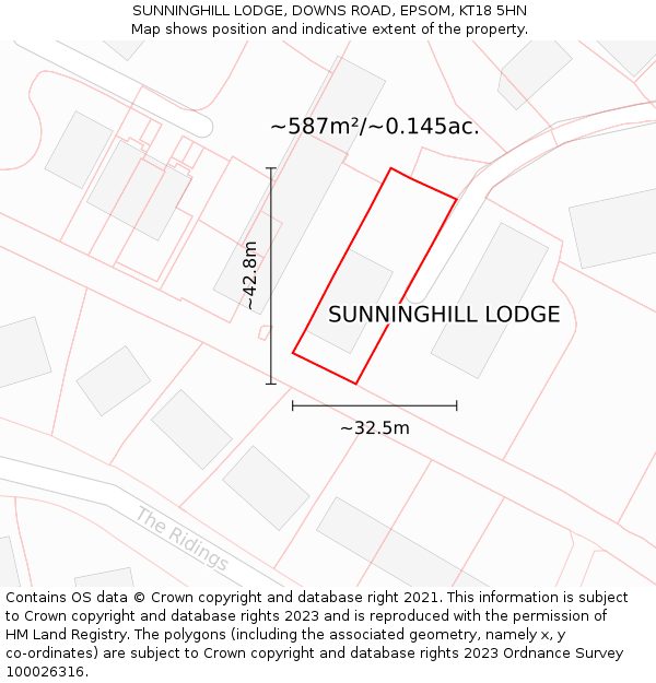 SUNNINGHILL LODGE, DOWNS ROAD, EPSOM, KT18 5HN: Plot and title map