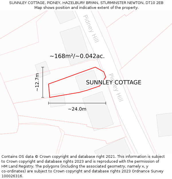 SUNNLEY COTTAGE, PIDNEY, HAZELBURY BRYAN, STURMINSTER NEWTON, DT10 2EB: Plot and title map