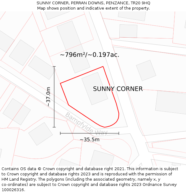 SUNNY CORNER, PERRAN DOWNS, PENZANCE, TR20 9HQ: Plot and title map