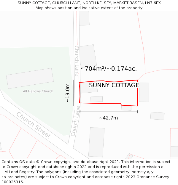 SUNNY COTTAGE, CHURCH LANE, NORTH KELSEY, MARKET RASEN, LN7 6EX: Plot and title map