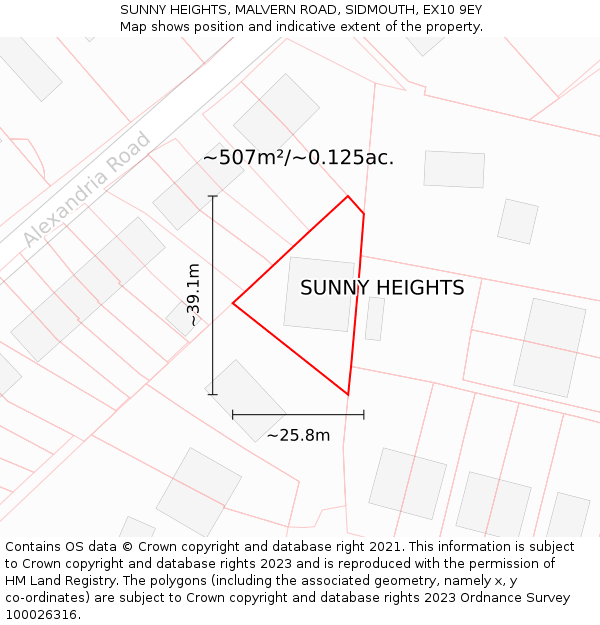 SUNNY HEIGHTS, MALVERN ROAD, SIDMOUTH, EX10 9EY: Plot and title map