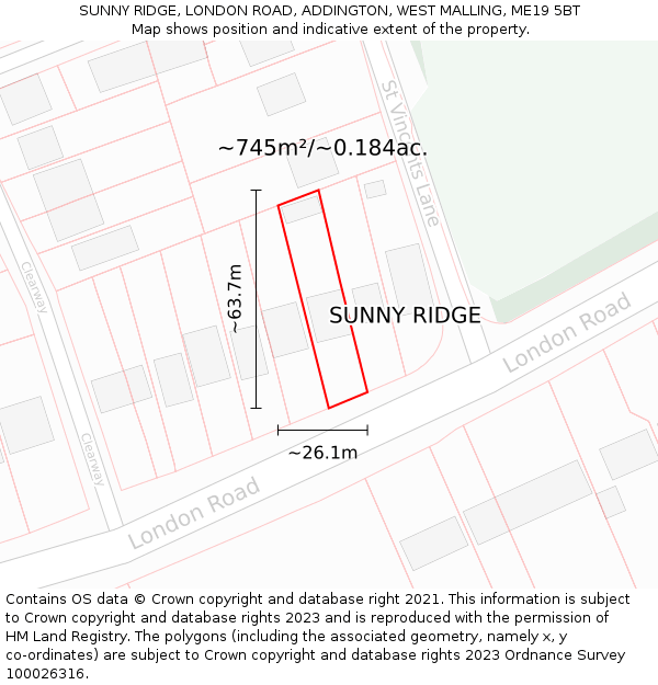 SUNNY RIDGE, LONDON ROAD, ADDINGTON, WEST MALLING, ME19 5BT: Plot and title map