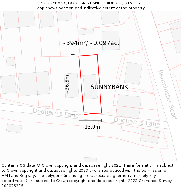SUNNYBANK, DODHAMS LANE, BRIDPORT, DT6 3DY: Plot and title map